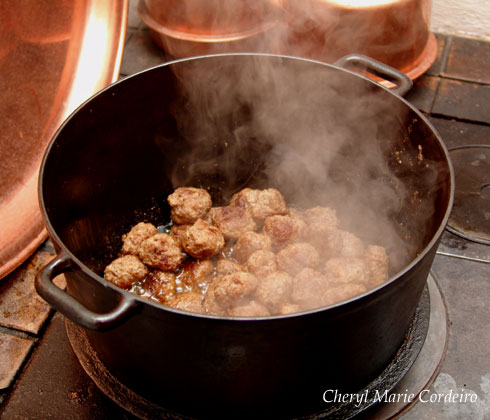 Swedish meatballs in a cast iron pot before serving