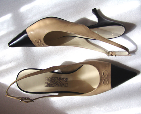 Ferragamo two toned, beige black kitten heels 