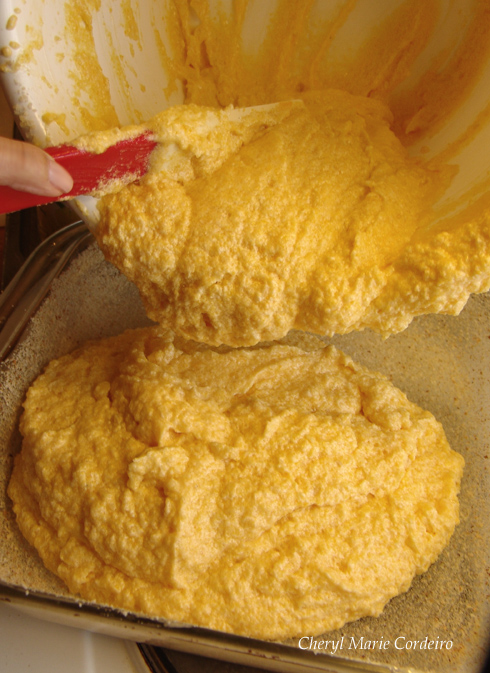 The sugee, semolina batter into the baking form