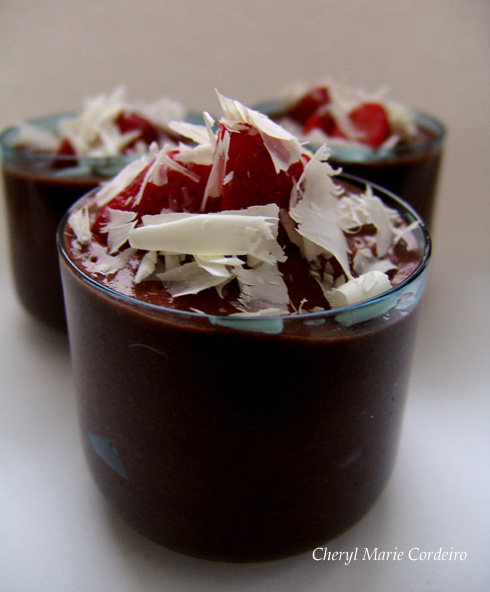 Chocolate mousse with brownie in the middle, strawberries on top and white chocolate, Cheryl Marie Cordeiro