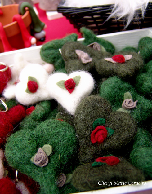 Woollen hearts, brooches, Haga Christmas market 2009 Sweden, Gothenburg