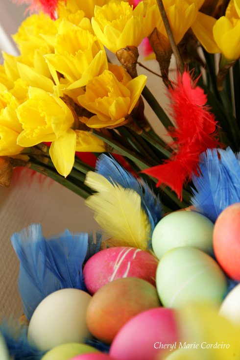 Coloured Easter eggs, Easter Lilies, Sweden.