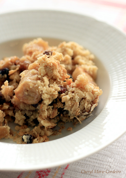 Served, apple and banana crumble with rolled oats and raisins.
