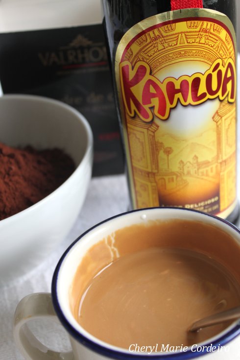 Valrhona cocoa powder, Kahlúa and coffee for mocha cake.