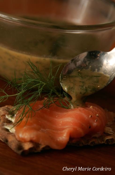 Gravlax with dill and mustard sauce.