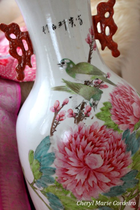 Dated Chinese vase, 1899 handpainted in the motif of Spring with peonies, Cheryl Marie Cordeiro-Nilsson.