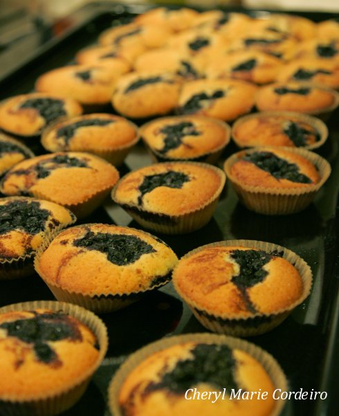 Blueberry muffins, just out of the oven.