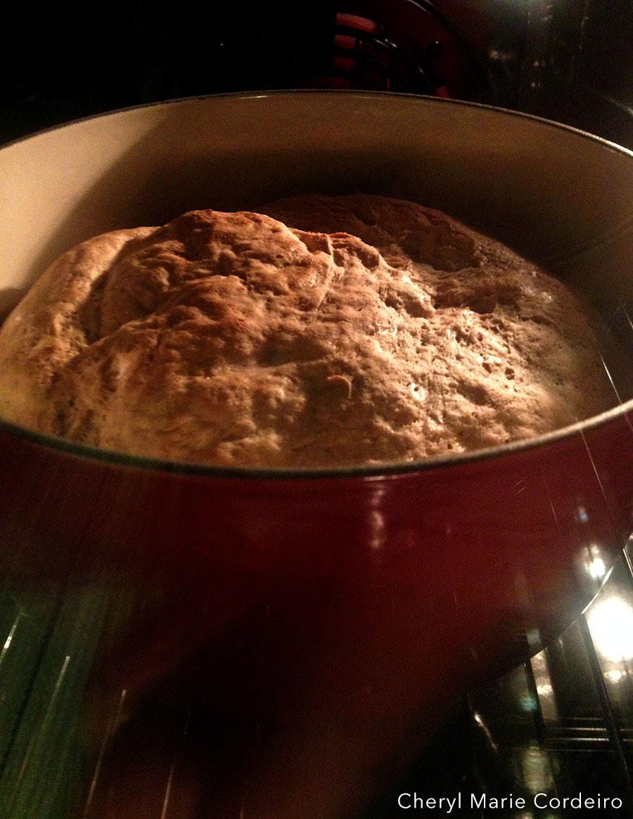 Bread baking in cast iron pot.