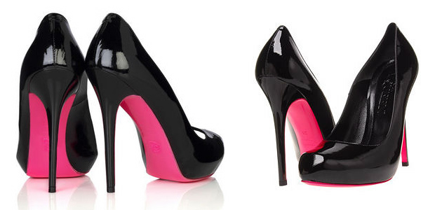 Pink soled black patent pumps by Alexander McQueen