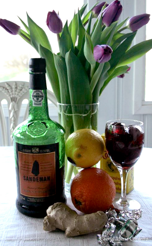 Ingredients to Cumberland sauce, port, lemon, orange and redcurrant jelly