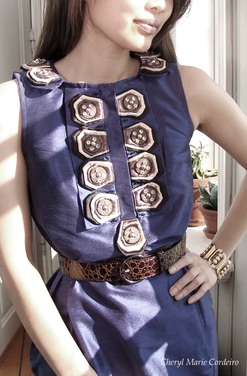 Love label, blue jewel tone dress with tribal motif collar