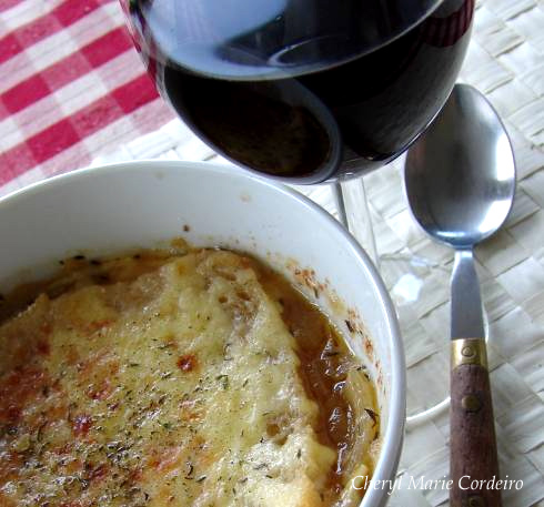French Onion Soup with a glass of red