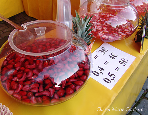 Fruit punches in bowls, Marktplatz, Luebeck, Germany