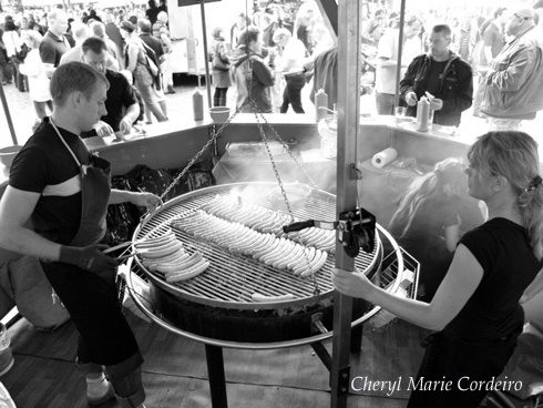 Bratwurst on grill, Lübeck, Germany, Marktplatz