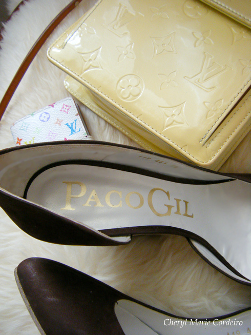 Paco Gil wedges shoes heels, Louis Vuitton Vernis Mott with shoulder strap