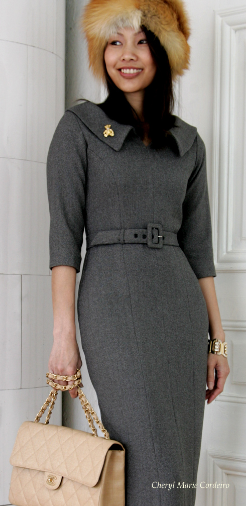 Cheryl Marie Cordeiro, tailored wool pencil dress in brown-grey
