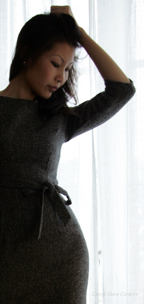 Cheryl Marie Cordeiro, officewear, custom-made wool pencil dress in charcoal grey, boatneck