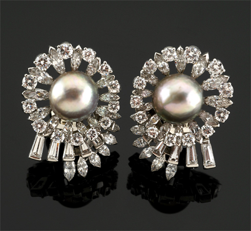 Diamond and Tahiti pearl earclips, French made. W.A. Bolin, Cheryl Marie Cordeiro 