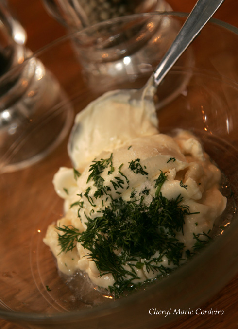 Mayonnaise, crème fraiche and dill before the shrimp go in