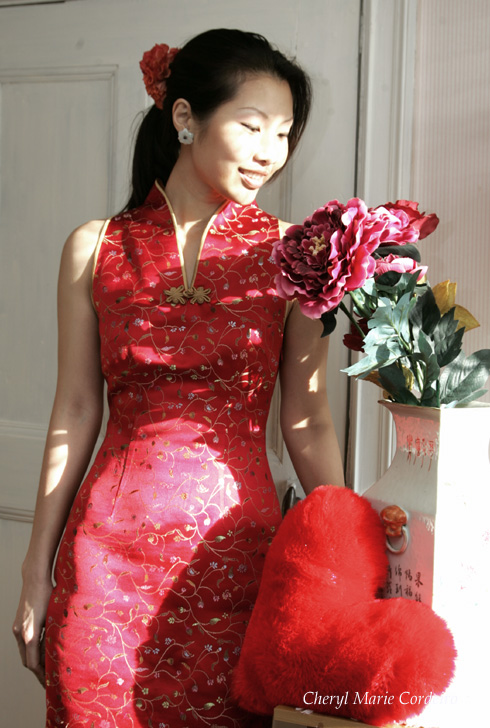 Cheryl Marie Cordeiro, red cheongsam qipao, Chinese New Year and Valentine's Day 2010