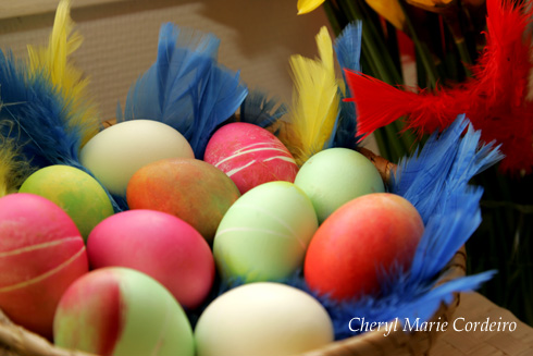 Coloured Easter eggs, various methods of colouring, coloured feathers, Sweden.