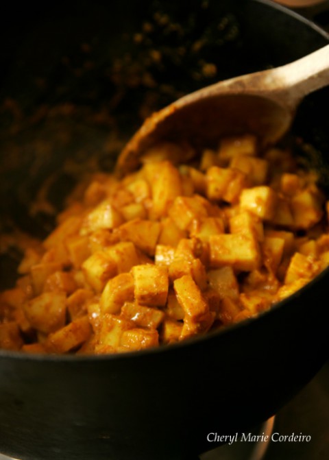 Curried potatoes for the curry puff filling. 