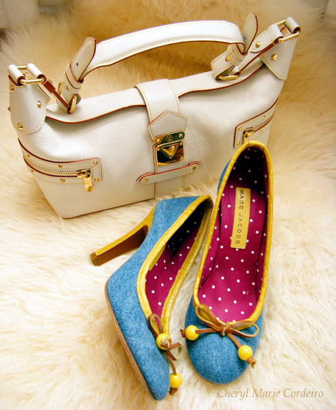 Louis Vuitton white Suhali goat leather L'Impetueux shoulder bag, Marc Jacobs denim and lizard stiletto shoes, heels.