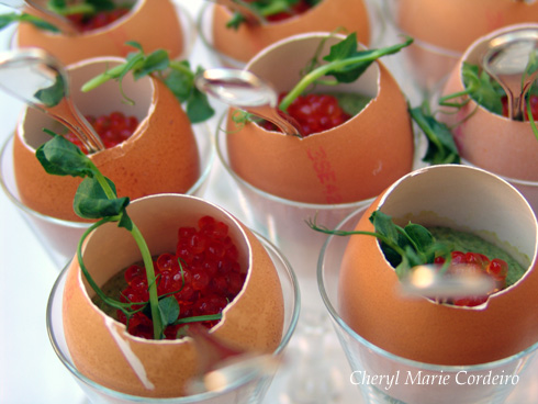 Egg shells as part of the hors d'oeuvres presentation.