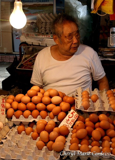 Stall selling eggs, Hong Kong street wet market.