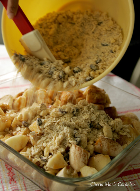 Mixture of rolled oats, flour, raisins and butter on top of the apples and bananas.