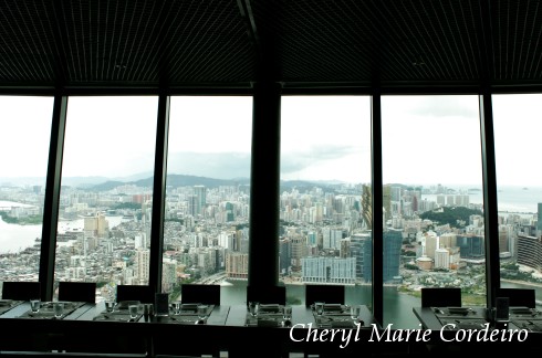 360 Cafe, straight on shot, view from the top, Macau Sky Tower revolving restaurant.