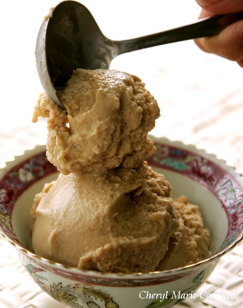 Durian ice-cream made with gula Melaka and coconut milk, an old Nonya recipe from Singapore.