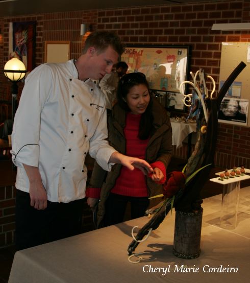 Team leader and Cheryl, the finer details of Chocolate sculpture and desserts