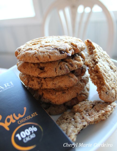 Chocolate chip cookie with raw 100 percent cocoa, chocolate chips.