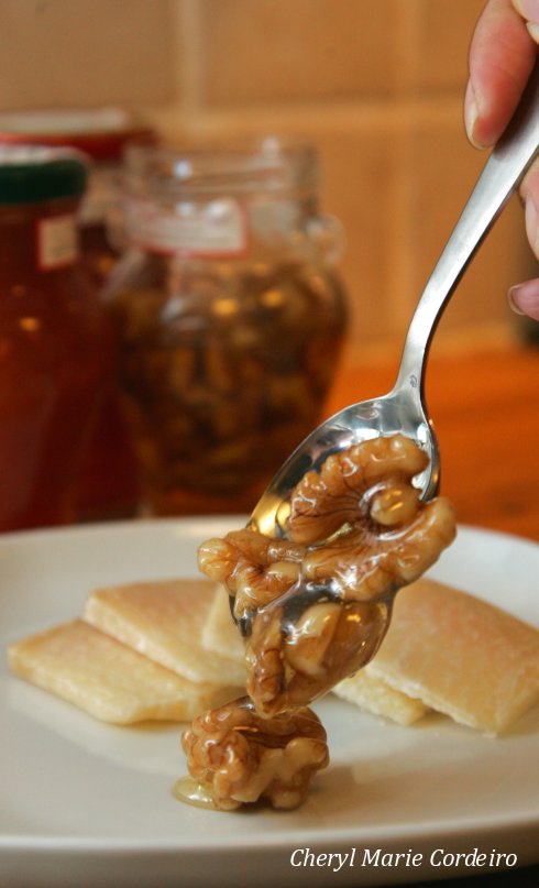 Walnut in honey, with Parmigiano-Reggiano from Parma, Italy.