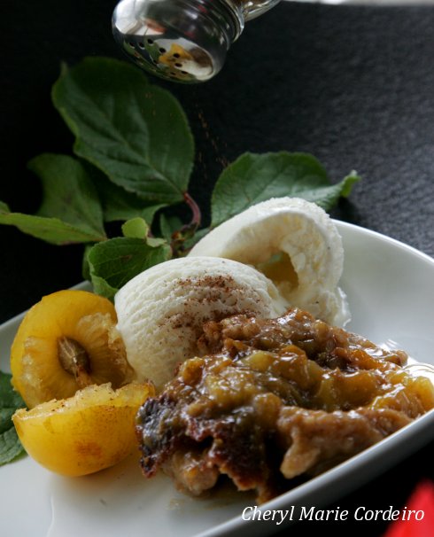 Plum cobbler with vanilla ice-cream and a light dusting of cinnamon.